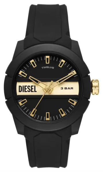 Image of Diesel DZ1997 Double Up Black and Gold Dial Black Rubber Watch