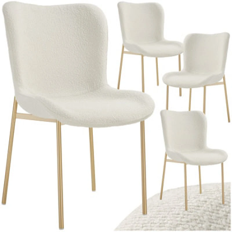 Image of Tectake Set Of 4 Dining Chair Tessa - Ergonomic High Backrest, Slim Steel Legs, Soft Fabric - Boucle White/gold