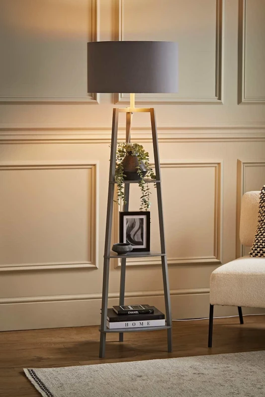 Image of ValueLights Hiru Grey 3 Tier Wooden Shelf Floor Lamp With XL Grey And Copper Shade Black