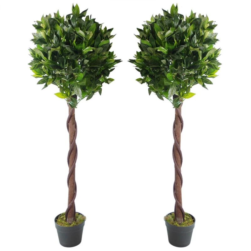 Image of Leaf Pair of 120cm (4ft) Twisted Trunk Artificial Topiary Bay Laurel Ball Trees Green
