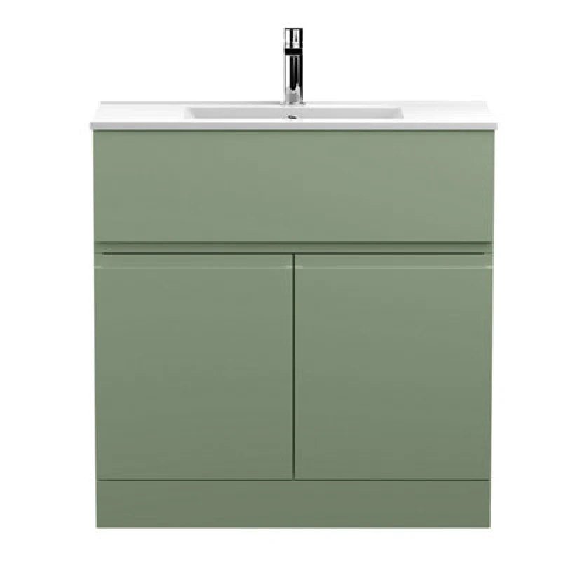 Image of Hudson Reed Urban Floor Standing 2 Door 1 Drawer Vanity Unit With Minimalist Basin, Modern Vanity Unit In Satin Green, 800mm