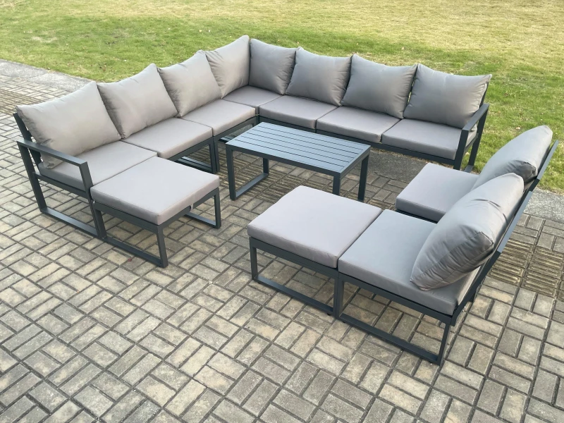 Image of Fimous Aluminium 11 Seater Patio Outdoor Garden Furniture Lounge Corner Sofa Set with Oblong Coffee Table with 2 Big Footstools Dark Grey Dark Grey Un