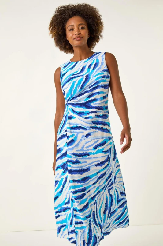 Image of Roman Womens Abstract Side Pleat Midi Dress in Blue Size: 18 Blue Female 18