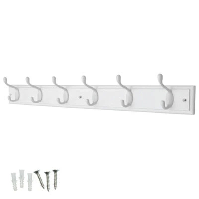 Image of Keypak 6-Hook Wall-Mounted Coat Rack, 68Cm - White Wooden Board, White Coat Hooks - Fixings Included