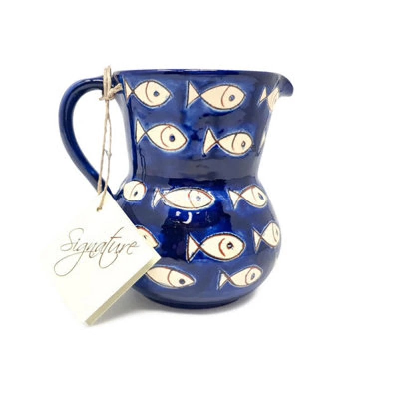 Image of Verano Spanish Ceramics Signature Blue & White Fish Hand Painted Ceramic Kitchen Dining Small Pourer Jug 0.5L