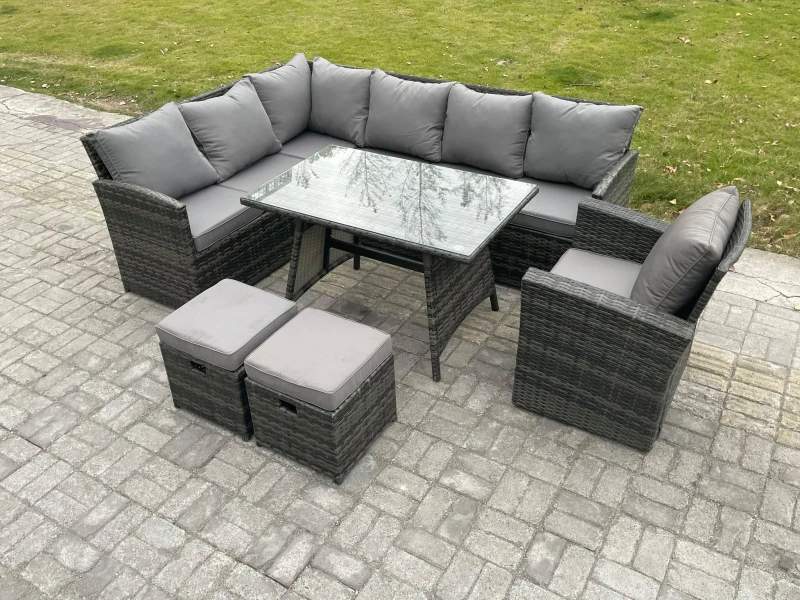 Image of Fimous Wicker Rattan Garden Furniture Corner Sofa Set with Oblong Dining Table 2 Small Footstools Chair in Dark Grey Dark Grey Unisex