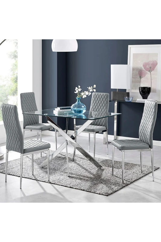 Image of FurnitureboxUK FurnitureboxUK Leonardo Glass And Chrome Metal Dining Table And 4 Milan Chairs Set in Grey Grey One Size Unisex 5056542634482