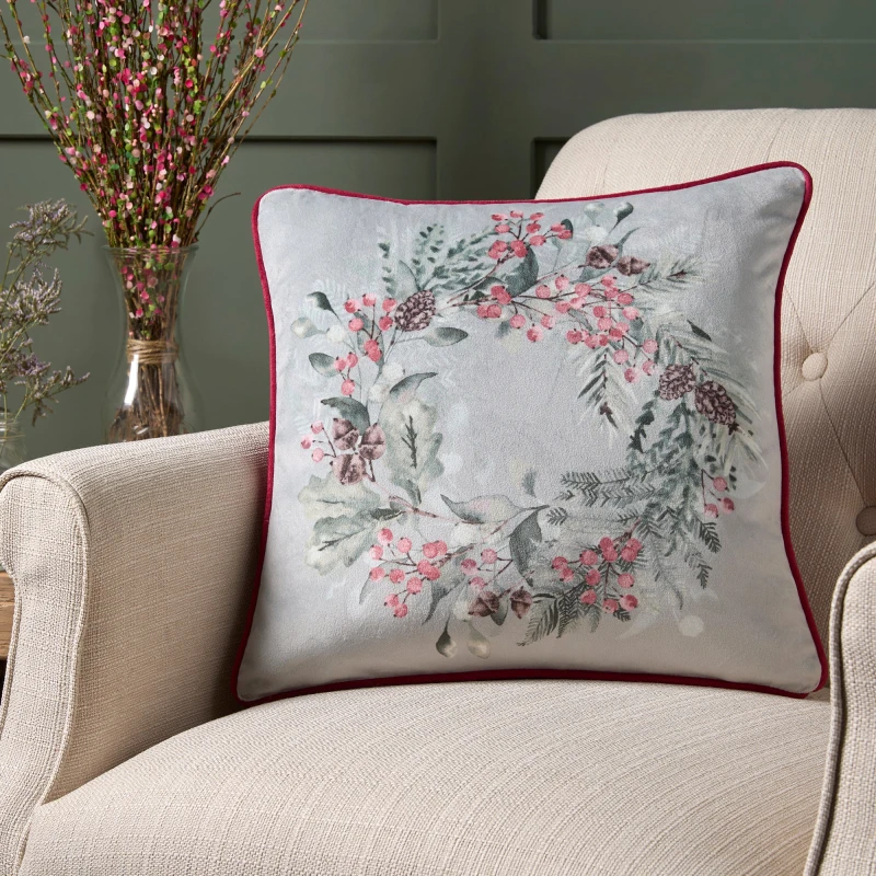 Image of Dreams & Drapes 'Winter Sprigs' Floral Wreath Velvet Filled Cushion Green