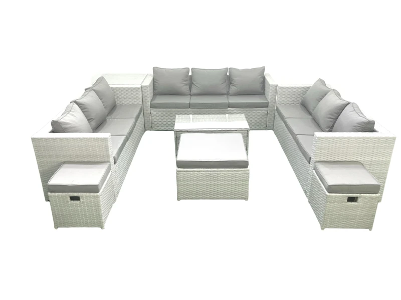 Image of Fimous Rattan Garden Outdoor Furniture Set 12 Seater Garden Sofa Coffee Table Set with 3 Footstools Side Table Light Grey Mixed Light Grey