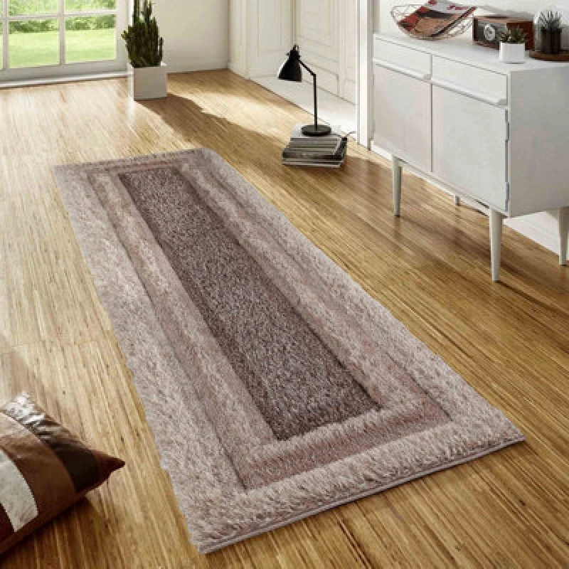 Image of Modern Soft Bordered Shimmer Shaggy Area Rugs Bronze 60X220 Cm