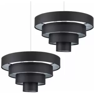 Image of Minisun - 2 x - 4 Tier Black Fabric Ceiling Pendant Light Shades