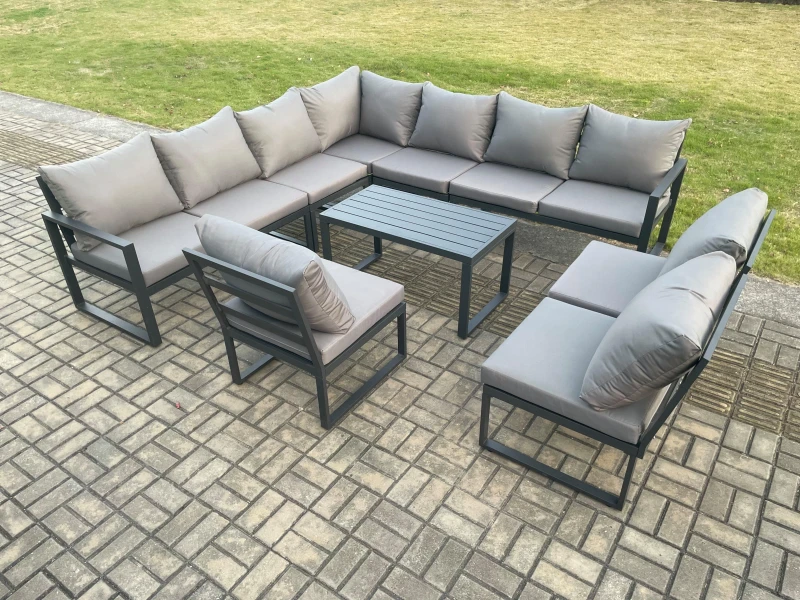 Image of Fimous Aluminium 10 Seater Patio Outdoor Garden Furniture Lounge Corner Sofa Set with Oblong Coffee Table Dark Grey Dark Grey Unisex