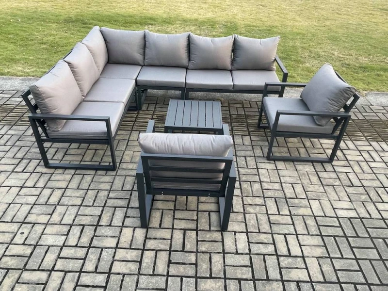 Image of Fimous Aluminium Garden Furniture Set Outdoor Lounge Corner Sofa 2 Pcs Chair Square Coffee Table Sets Dark Grey 8 Seater Dark Grey Unisex