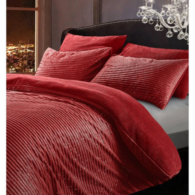 Image of Velosso Glitter Corduroy Teddy Warm & Cosy Duvet Cover & Pillowcase Set in Red Size: Double Red Unisex Double