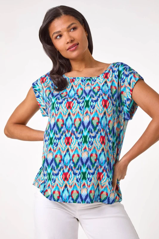 Image of Roman Womens Abstract Print Shell Top in Blue Size: 18 Blue Female 18