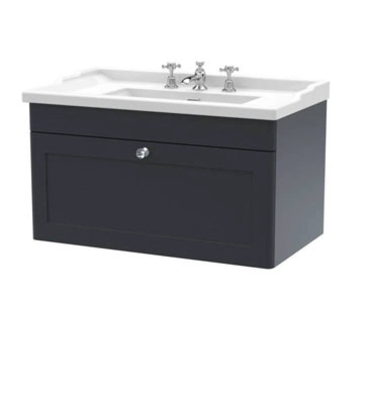 Image of NUIE Classique Wall Hung 1-Drawer Vanity Unit with Traditional Basin 800mm Wide Satin Anthracite - 3 Tap Hole - Nuie CLC1496G