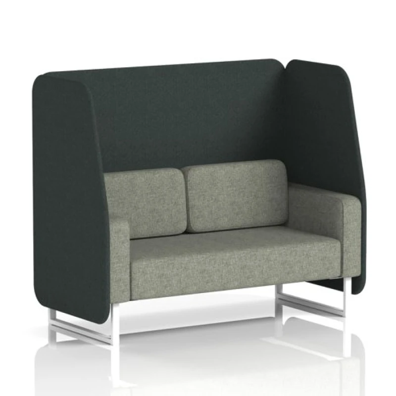 Image of Brixworth 2 Seater Open Office Booth with White Legs in Rivet Fabric - Charcoal Panels and Vitreous Sofa