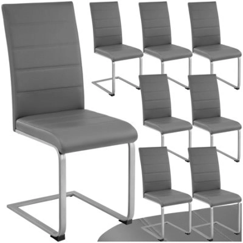 Image of Tectake Set Of 8 Dining Chairs - Cantilevered, High Backrest, Flat Steel Frame - Grey