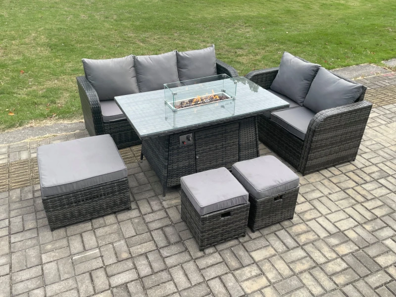 Image of Fimous Garden Patio Furniture Wicker Rattan Gas Fire Pit Table and Sofa Chair set with 3 Footstools Dark Grey Mixed Dark Grey
