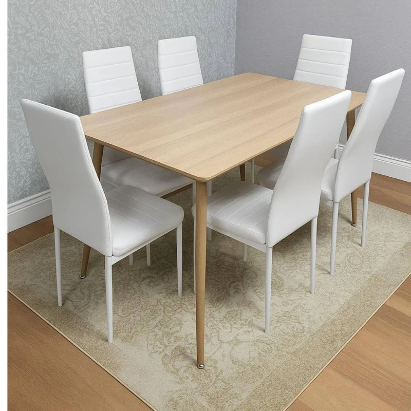 Image of KOSY KOALA Dining Table Set with 6 white Faux Leather Chairs Dining Furniture set in Beige Size: 120cm x 70cm Beige Unisex 120cm x 70 cm