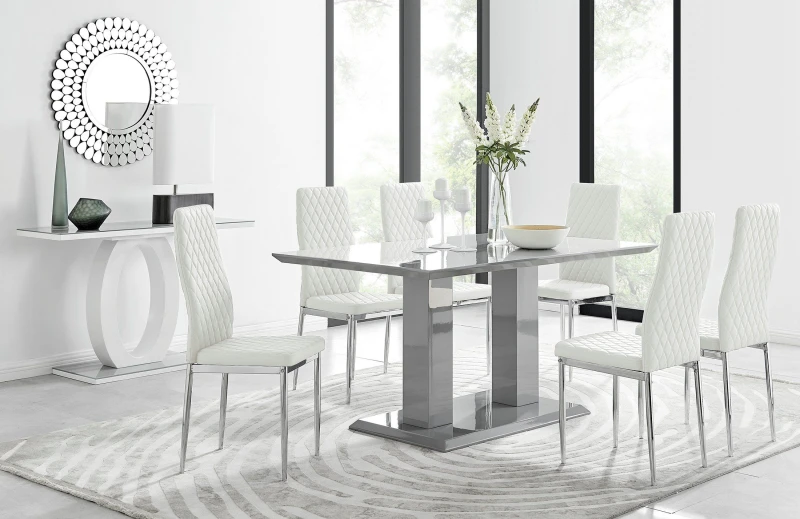 Image of FurnitureboxUK FurnitureboxUK Imperia Grey Modern High Gloss Dining Table And 6 Milan Dining Chairs Set in Off White Off White One Size Unisex 5056542