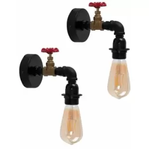 Image of Minisun - 2 x Industrial Antique Brass Satin Black & Red Tap Wall Lights - No Bulb