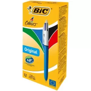 Image of Bic 4 Colours Original Ballpoint Pen 1mm Tip 0.32mm Line Blue/White Barrel Black/Blue/Green/Red Ink (Pack 12)