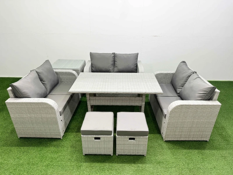Image of Fimous 8 Seater PE Wicker Rattan Furniture Sofa Sets with Rectangular Dining Table 2 Seater Love Sofa 2 Stool Side Table Light Grey Light Grey