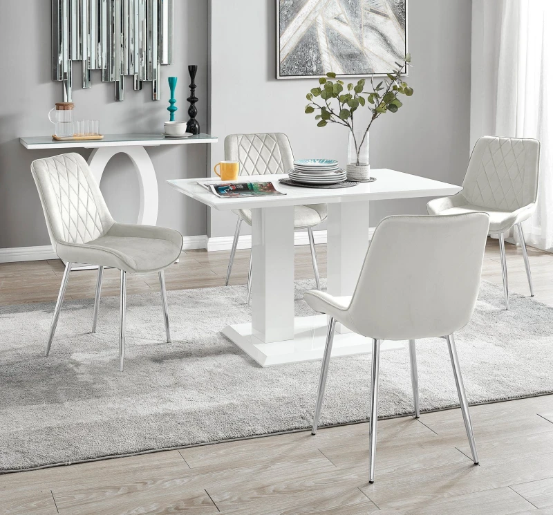 Image of FurnitureboxUK FurnitureboxUK Imperia 4 Seater Modern White High Gloss Rectangular Dining Table And 4 Persaro Velvet Chairs in Cream Cream One Size Un