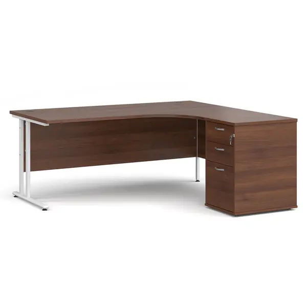 Image of Maestro 25 Right Hand Ergonomic Office Desk 1800mm with White Cantilever Frame and Office Desk High Pedestal - Walnut