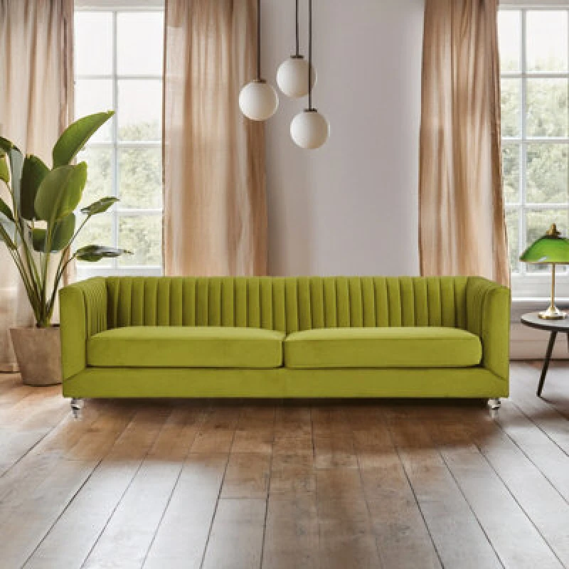 Image of Orsina Modern Design 3 Seat Green Velvet Sofa, Moss Velvet Upholstered Mid Century Sofa, Luxurious 3 Seater Couch