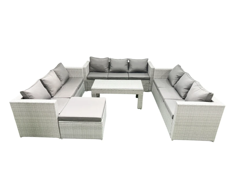 Image of Fimous Rattan Garden Outdoor Furniture Set 10 Seater Garden Sofa Oblong Coffee Table Set with Big Footstool Light Grey Mixed Light Grey