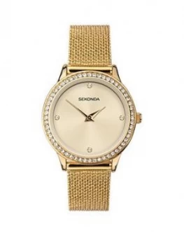 Image of Sekonda Sekonda Cream Crystal Set Dial Gold Stainless Steel Mesh Strap Ladies Watch