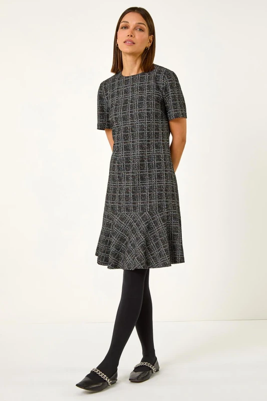 Image of Roman Textured Frill Hem Stretch Dress Black