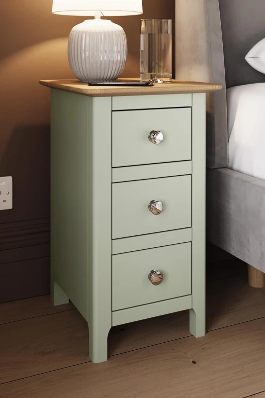 Image of FWStyle FWStyle Slim 3 Drawer Bedside Table Nightstand Oak Veneer Painted Finish Sage Green Green One Size Unisex 5056413124951