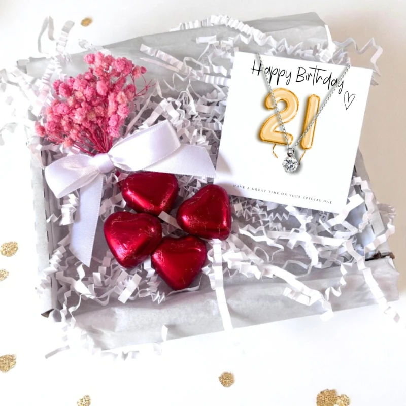 Image of Aye Do Gifts 21st Birthday Cubic Zirconia Silver Necklace & Gold Balloons Mini Gift Hamper Twenty First Gift Girls 21st Birthday Gift Set UK