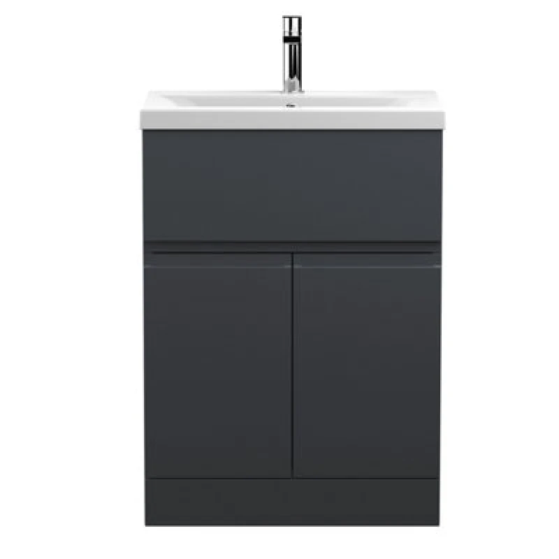 Image of Hudson Reed Urban Floor Standing 2 Door 1 Drawer Vanity Unit With Mid-Edge Basin, Durable Modern Vanity Unit In Soft Black, 600mm