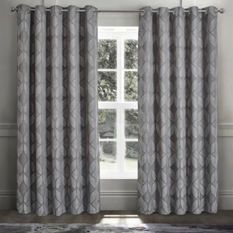 Image of Intimates Woven Jacquard Ring Top Curtains, Stylish Drapes For Living Room, Machine Washable, Elegant Geometric Design - Grey