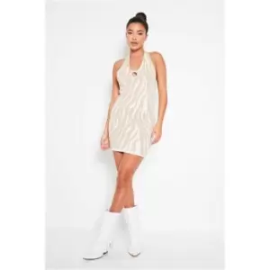 Image of I Saw It First Stone Zebra Print Halterneck Knitted Dress - Brown
