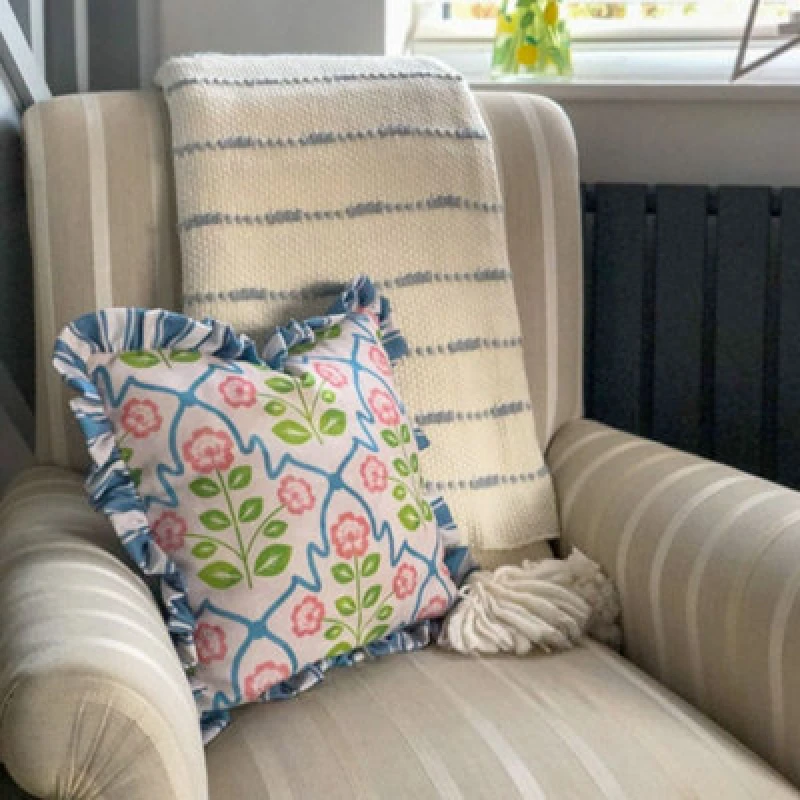 Image of rucomfy Beanbags Rucomfy Linen Look 45X45Cm Cushion - Frilled Lattice Stripe Decorative Pillow