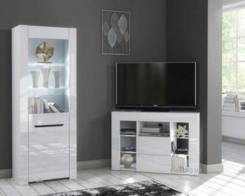 Image of Furneo High Gloss & Matt White Living Room Set Corner TV Stand Display Cabinet White LED Lights