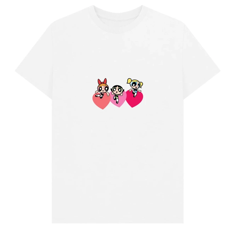 Image of Powerpuff Girls Mens Triple Heart T-Shirt in White Size: Small White Male S