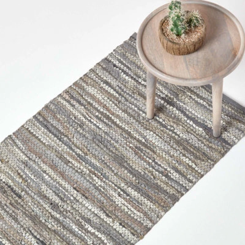 Image of Homescapes Denver Leather Woven Hall Runner, 66 x 200cm Grey