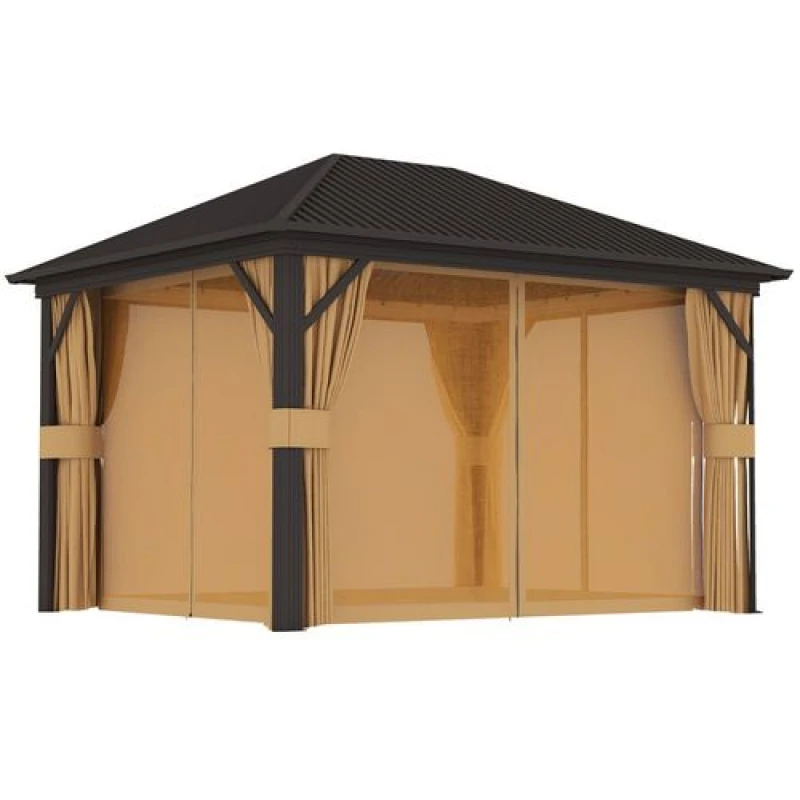 Image of Outsunny 3.6 x 3Metre Metal Backyard Hardtop Gazebo with Screened Curtain Brown