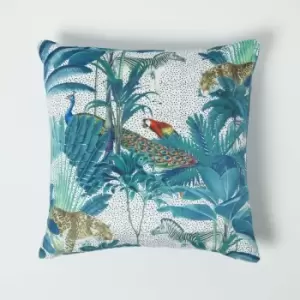 Image of Teal Jungle & Parrot Velvet Cushion 46 x 46cm - Teal, White - Homescapes