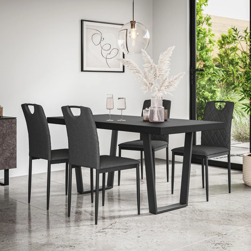 Image of More4Homes Aria Dining Table And Chairs - Black Table Top W Black Legs + Monza Linen Dining Chair Set Of 6 (Charcoal)