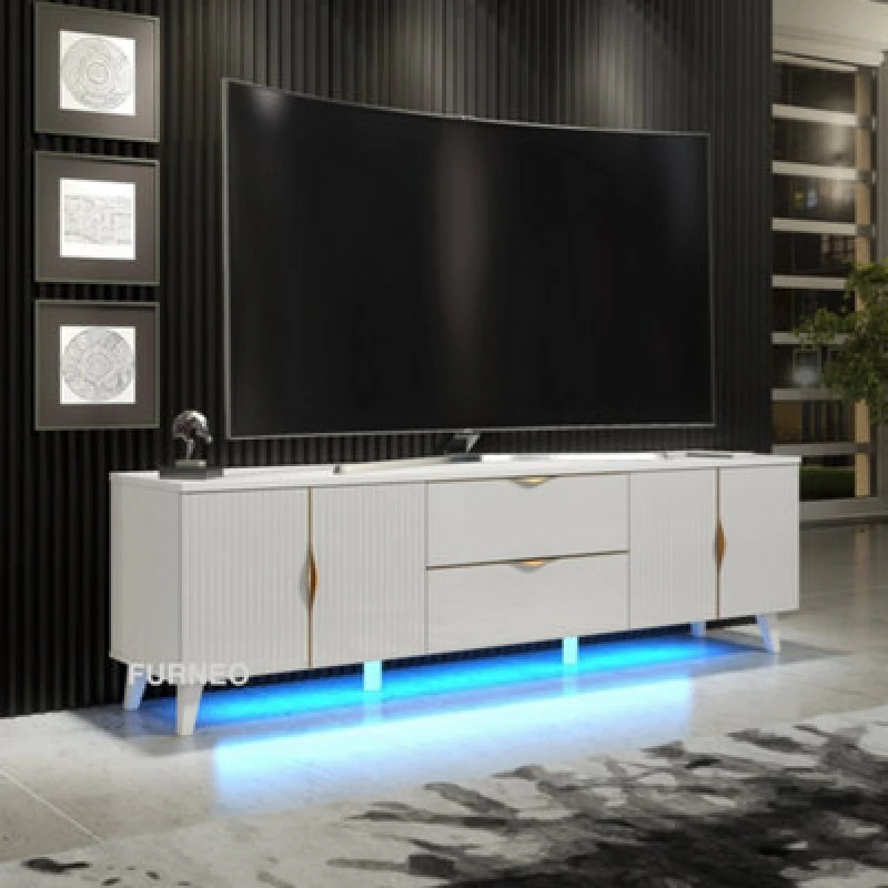 Image of Furneo White TV Stand 180Cm Unit Cabinet Matt & High Gloss Azzurro 10 Brushed Gold Handles With Blue LED Lights