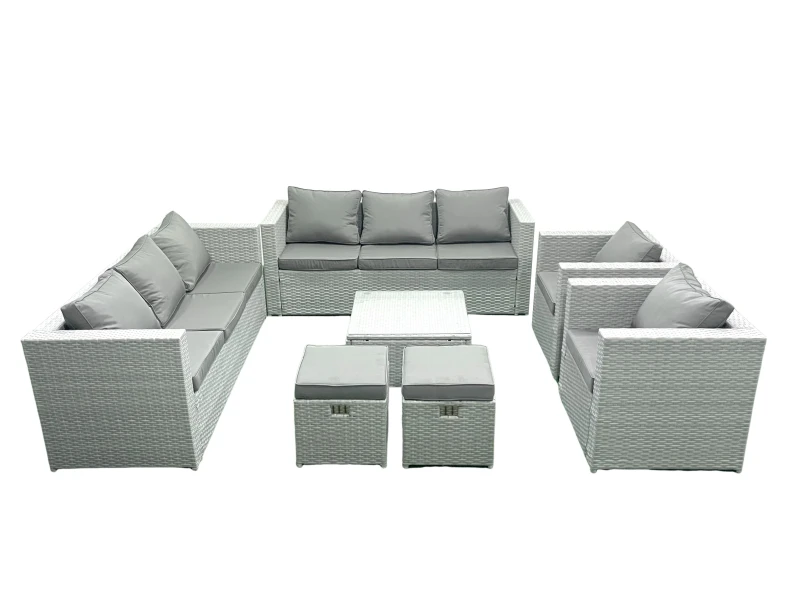 Image of Fimous Outdoor Rattan Sofa Garden Furniture Set with 2 Armchairs Square Coffee Table 2 Small Footstools Light Grey Mixed Light Grey