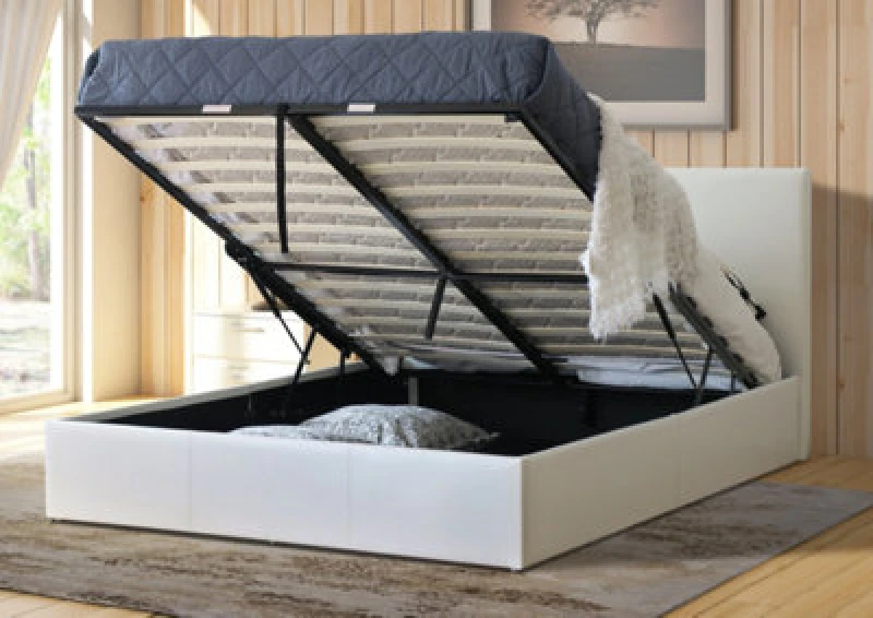 Image of Modernique Modernique Leather Ottoman Storage Bed with Wooden Slatted Gas Liftup Base. in Off White Size: King Off White King Unisex 4673802624574