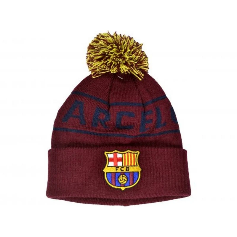Image of Barcelona FC Mens Text Knitted Bobble Beanie in Wine Wine Male One Size